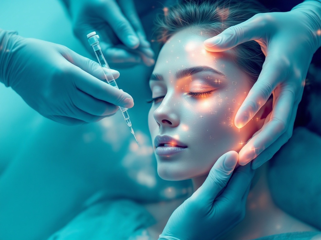 Close-up of a woman receiving PRP (Platelet-Rich Plasma) therapy, with a professional practitioner gently administering the treatment to rejuvenate her skin and promote natural healing.